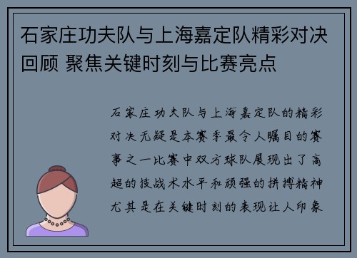 石家庄功夫队与上海嘉定队精彩对决回顾 聚焦关键时刻与比赛亮点